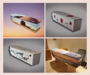 Sélection de cercueils personnalisés ornés de motifs imprimés et de décors thématiques